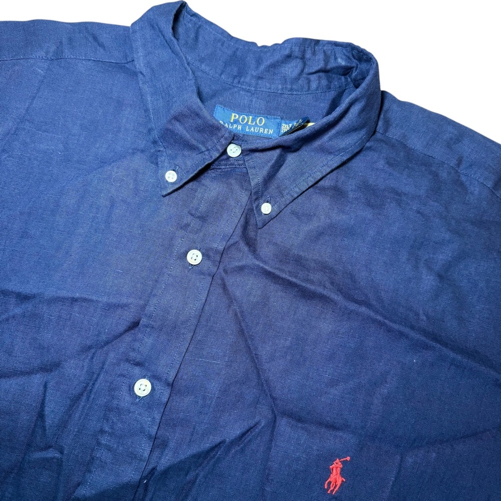 Polo Ralph Lauren Mens 2XLT Navy Blue Linen Short Sleeve Button Down Shirt Pony